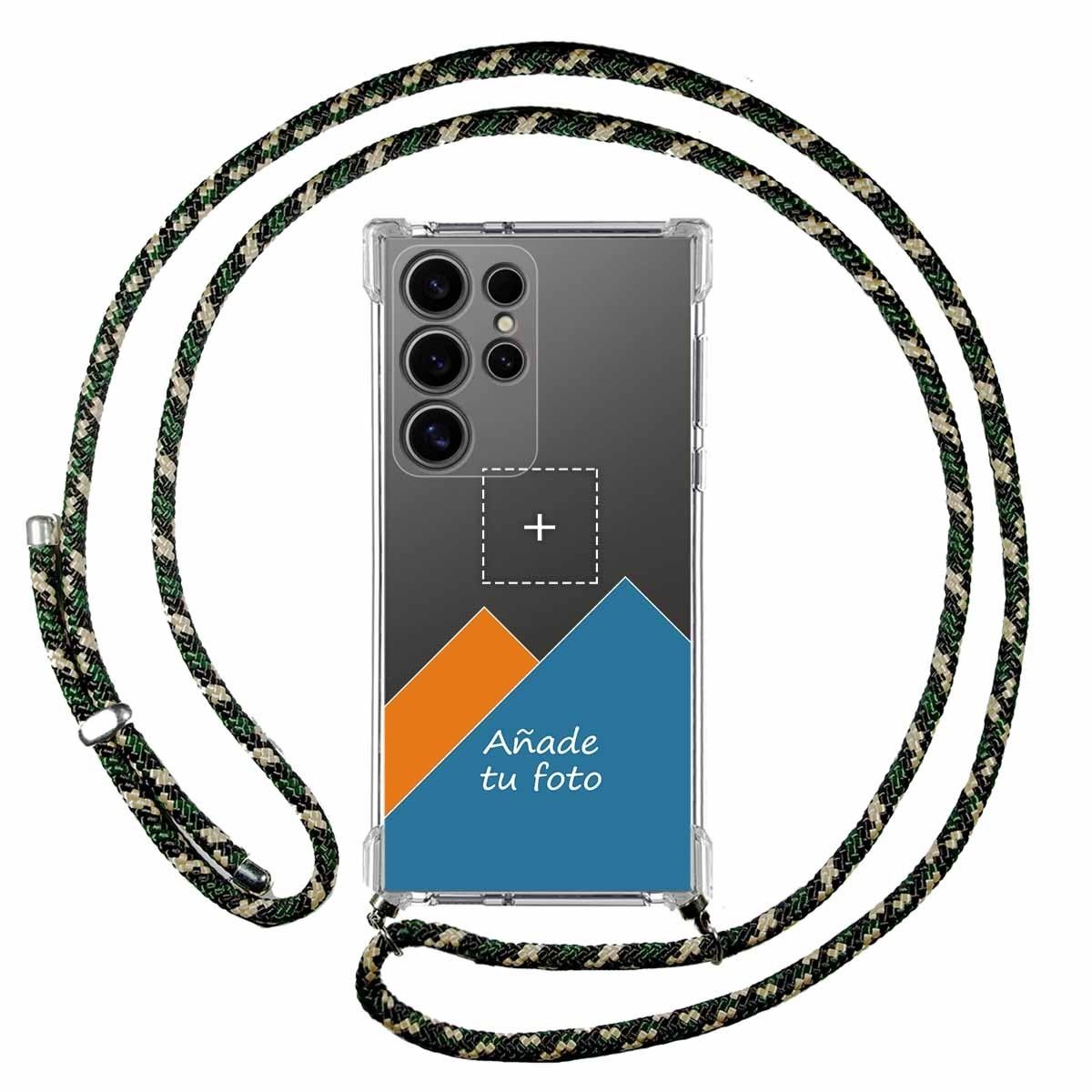 Personaliza tu Funda Colgante Transparente para Samsung Galaxy S24 Ultra 5G con Cordon Verde / Dorado Dibujo Personalizada