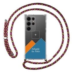 Personaliza tu Funda Colgante Transparente para Samsung Galaxy S24 Ultra 5G con Cordon Rosa / Dorado Dibujo Personalizada