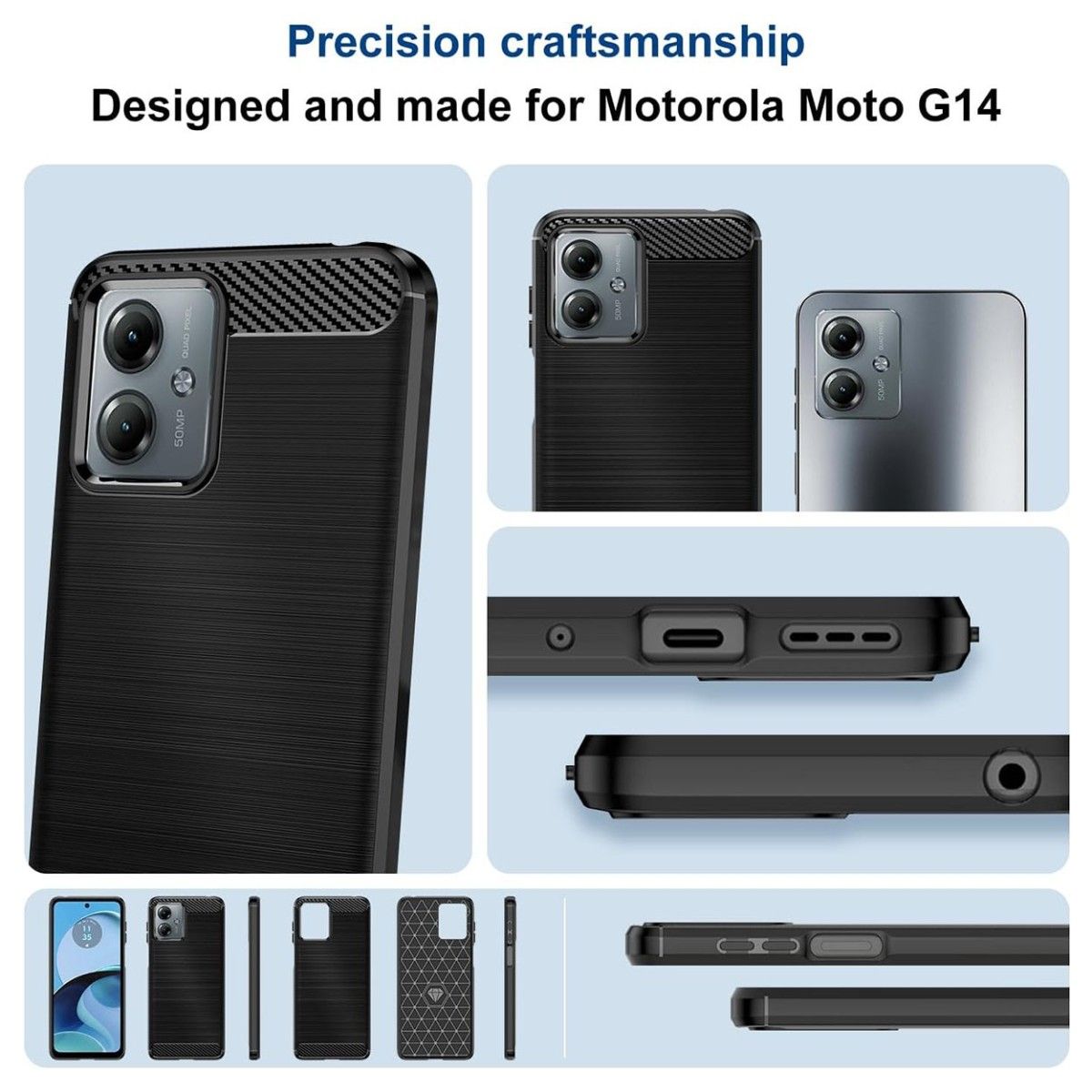 Funda Gel Tpu Tipo Carbon Negra para Motorola Moto G14