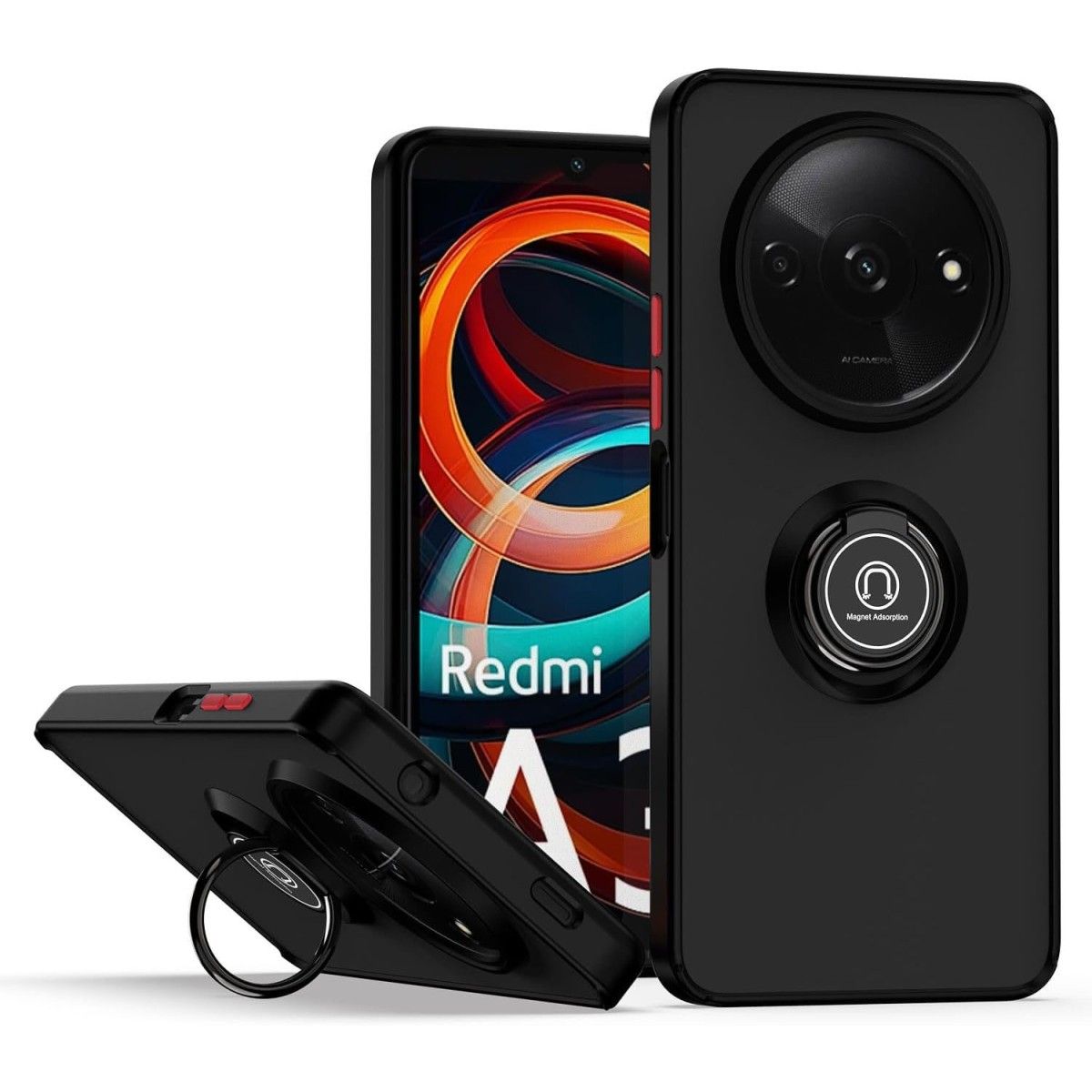 Funda Mate con Borde Negro y Anillo Giratorio 360 para Xiaomi Redmi A3