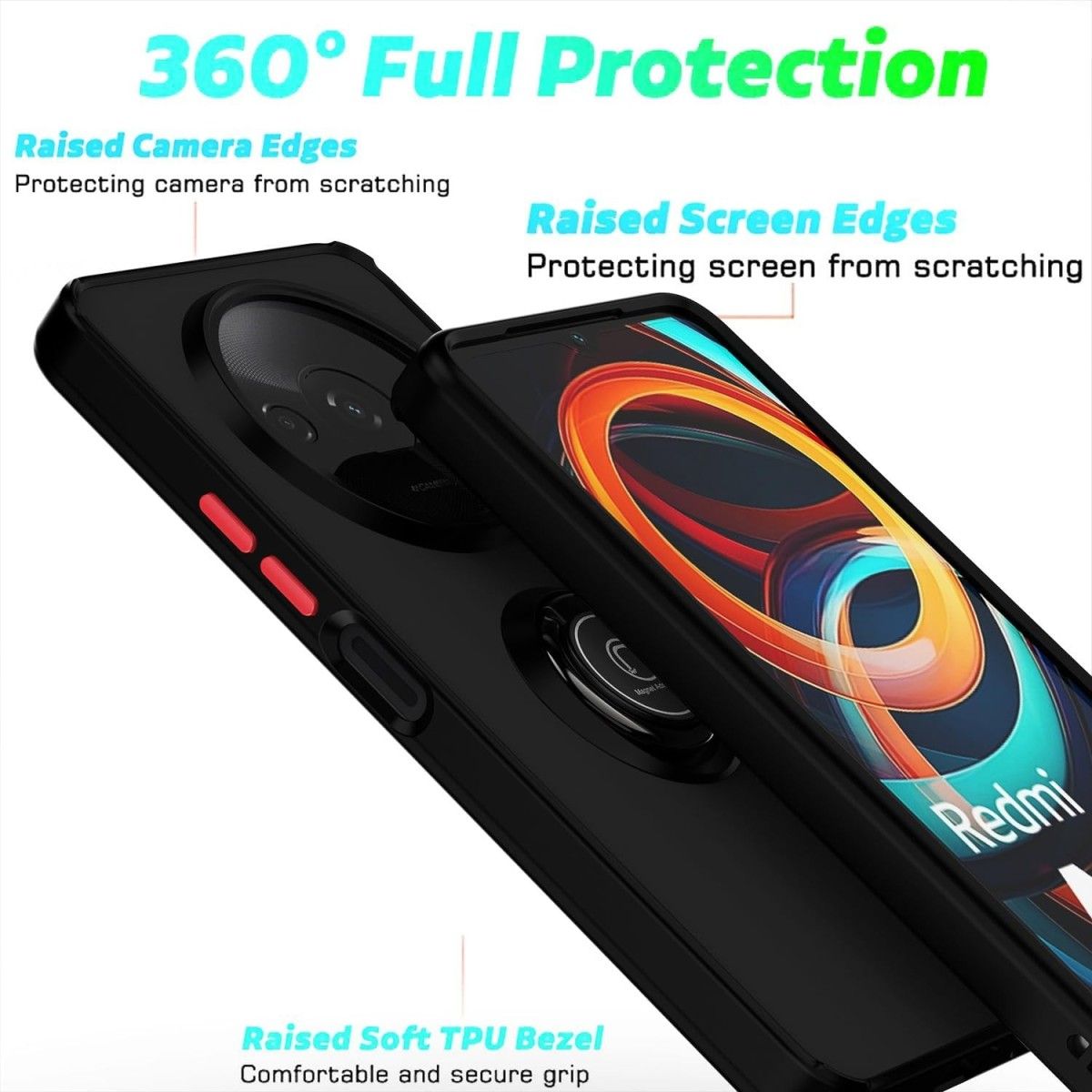 Funda Mate con Borde Negro y Anillo Giratorio 360 para Xiaomi Redmi A3