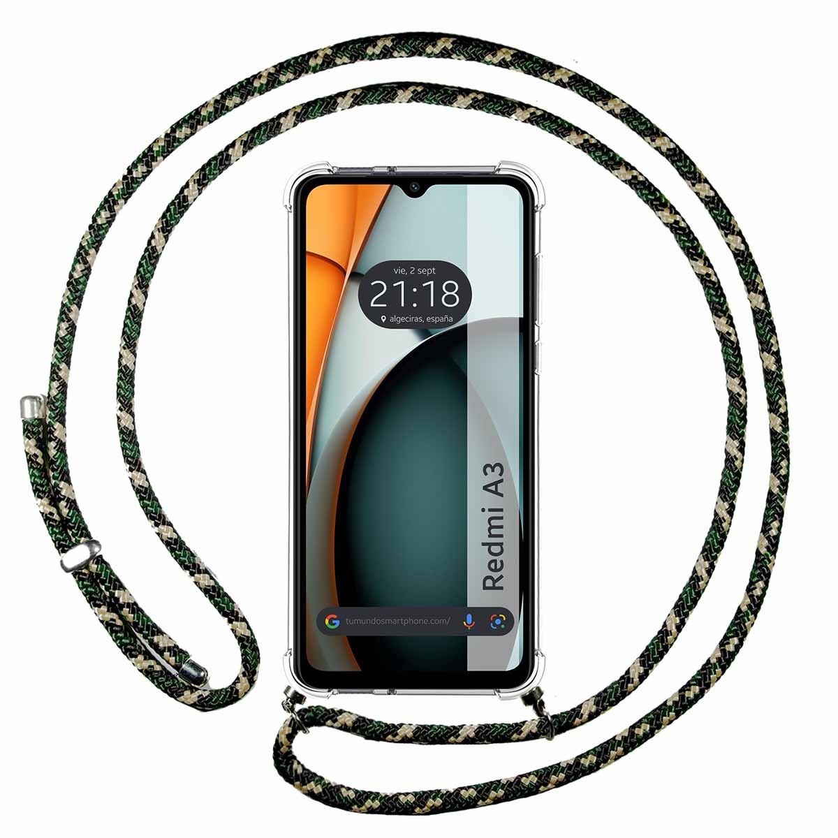 Funda Colgante Transparente para Xiaomi Redmi A3 con Cordon Verde / Dorado