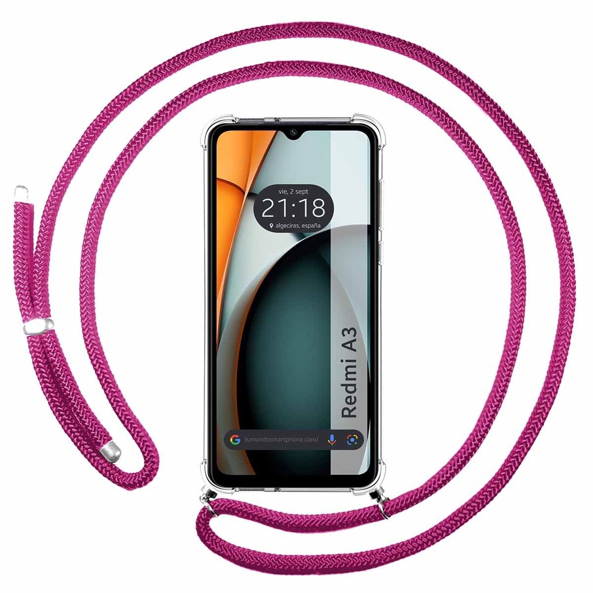 Funda Colgante Transparente para Xiaomi Redmi A3 con Cordon Rosa Fucsia