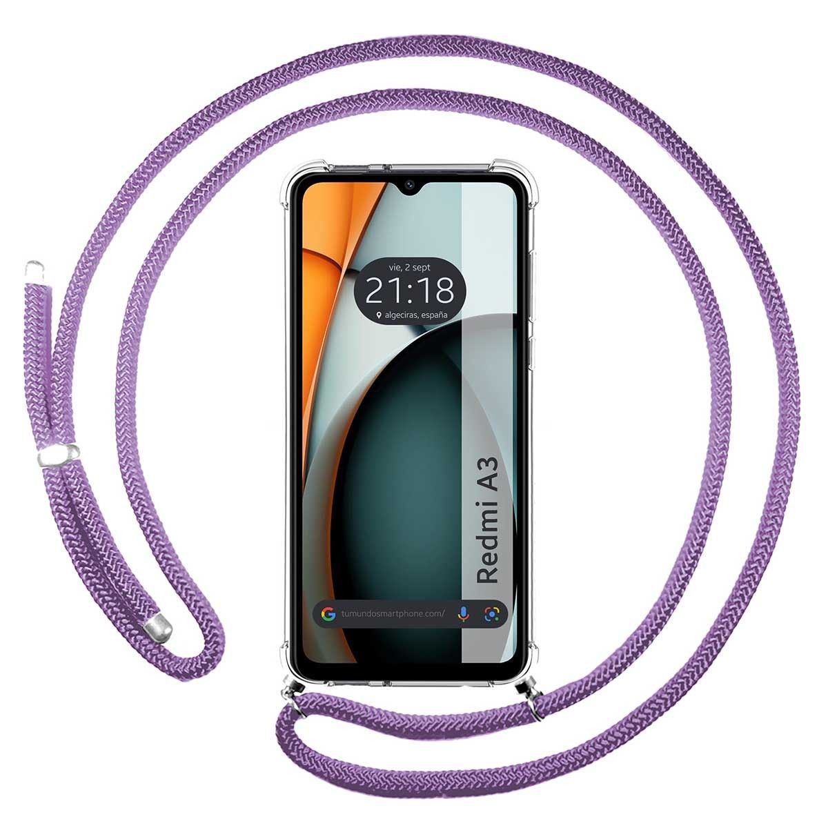 Funda Colgante Transparente para Xiaomi Redmi A3 con Cordon Morado