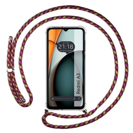 Funda Colgante Transparente para Xiaomi Redmi A3 con Cordon Rosa / Dorado