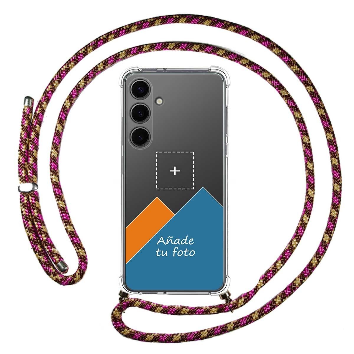 Personaliza tu Funda Colgante Transparente para Samsung Galaxy S24 5G con Cordon Rosa / Dorado Dibujo Personalizada