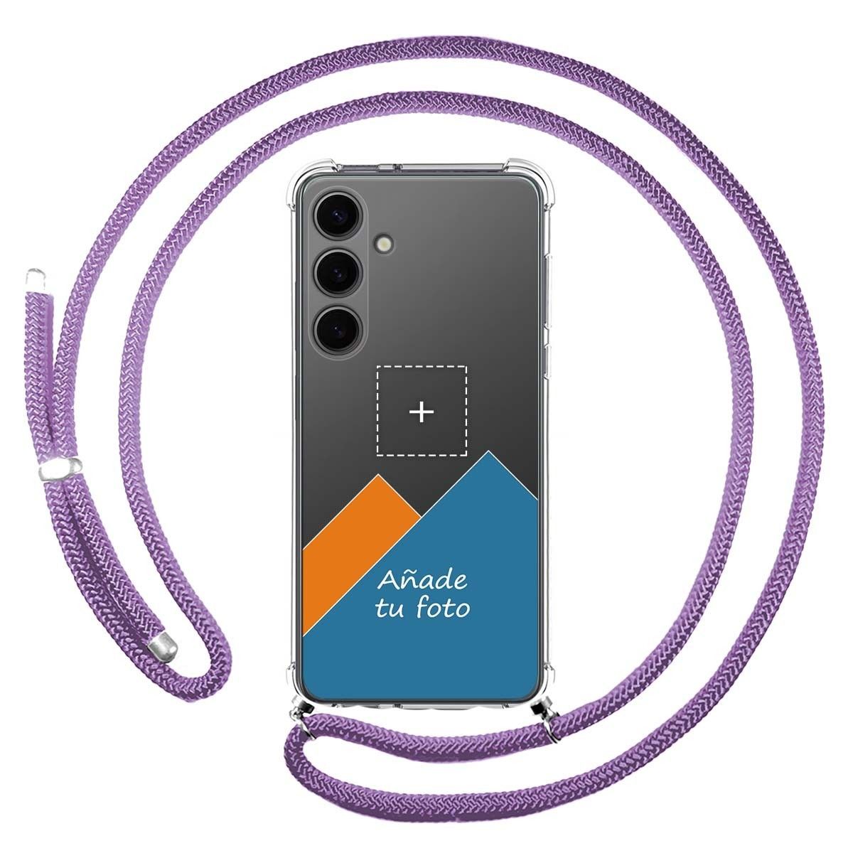 Personaliza tu Funda Colgante Transparente para Samsung Galaxy S24+ Plus 5G con Cordon Morado Dibujo Personalizada