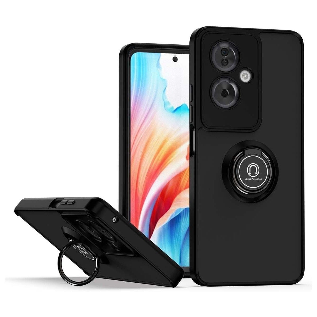 Funda Mate con Borde Negro y Anillo Giratorio 360 para Oppo A79 5G