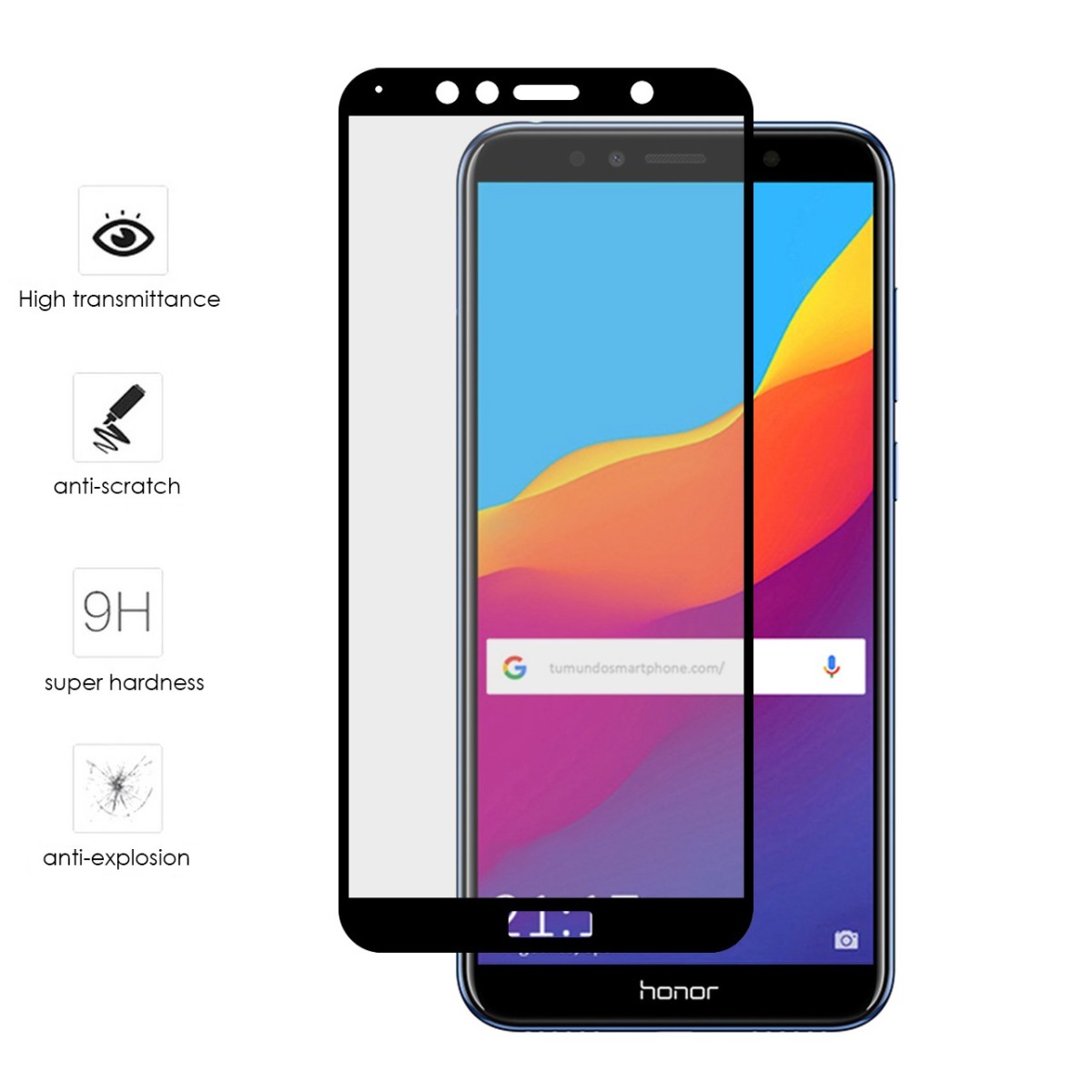 Protector Cristal Templado Frontal Completo Negro para Huawei Honor 7A / Y6 2018 Vidrio