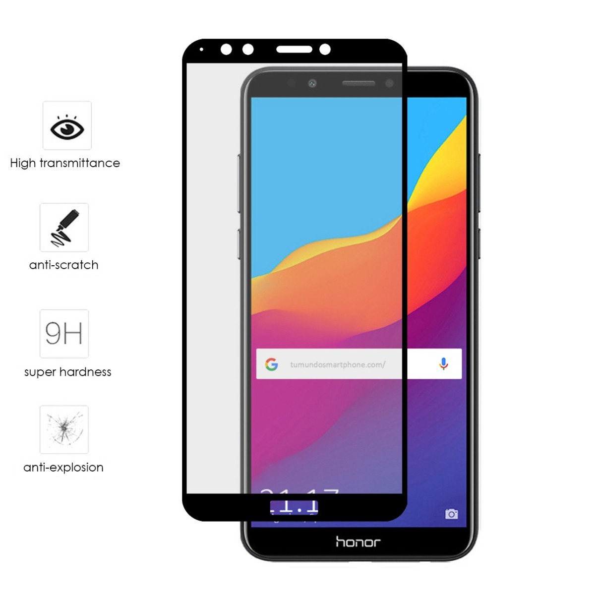 Protector Cristal Templado Frontal Completo Negro para Huawei Honor 7C / Y7 2018 Vidrio