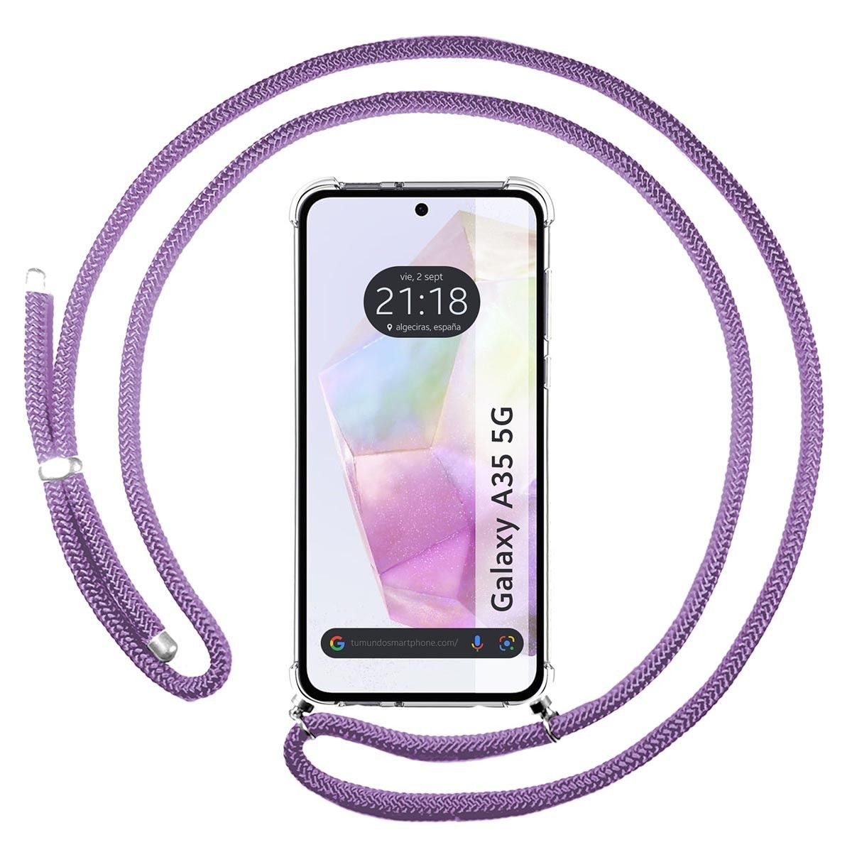 Funda Colgante Transparente para Samsung Galaxy A35 5G con Cordon Morado