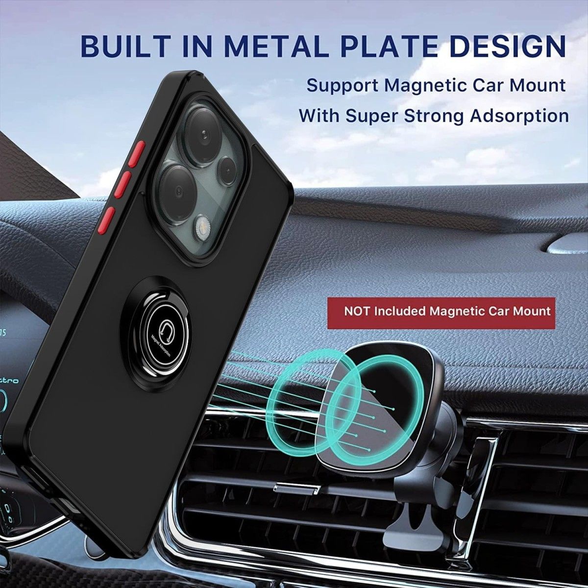 Funda Mate con Borde Negro y Anillo Giratorio 360 para Xiaomi Poco M6 Pro 4G