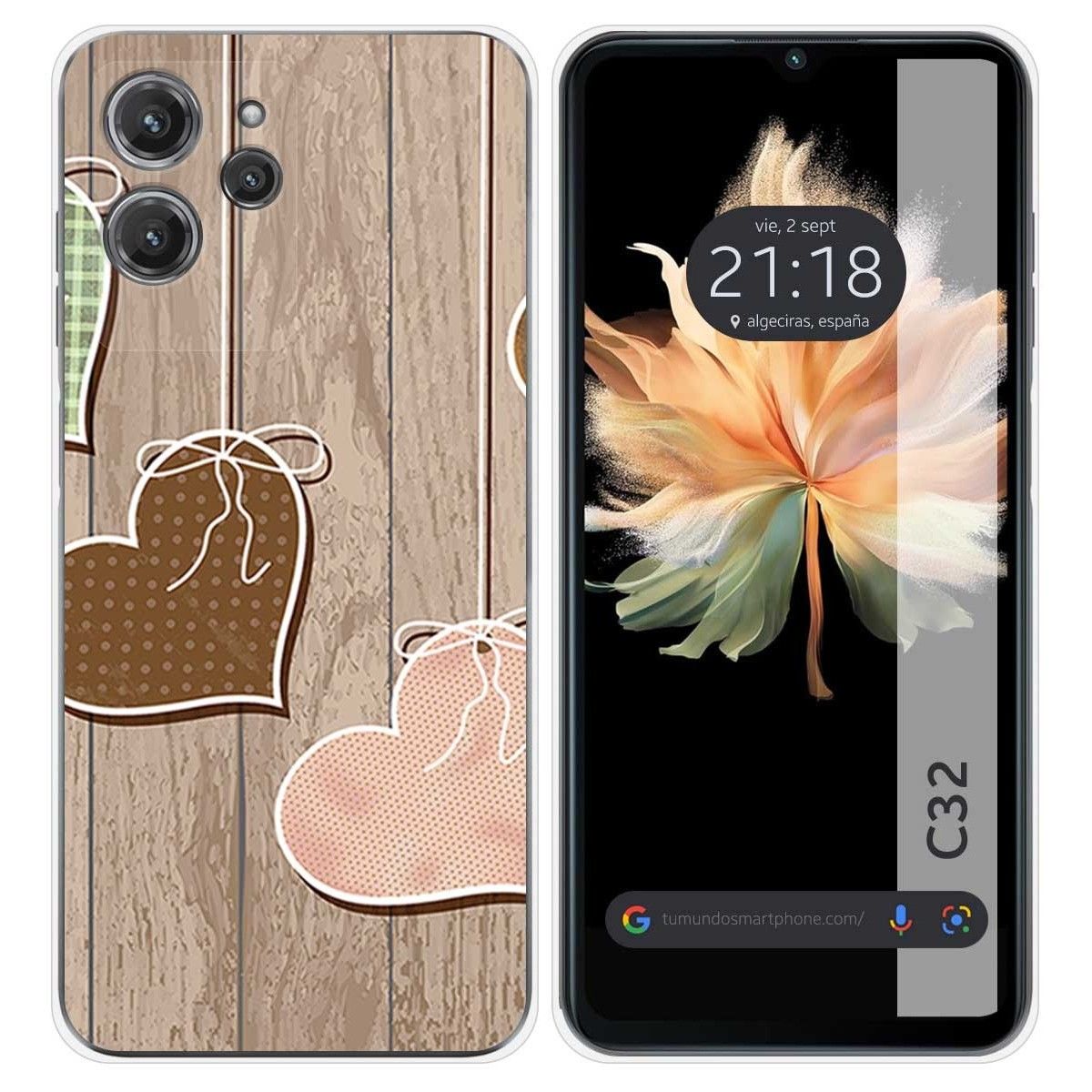 Funda Silicona para Oukitel C32 diseño Corazones Madera Dibujos