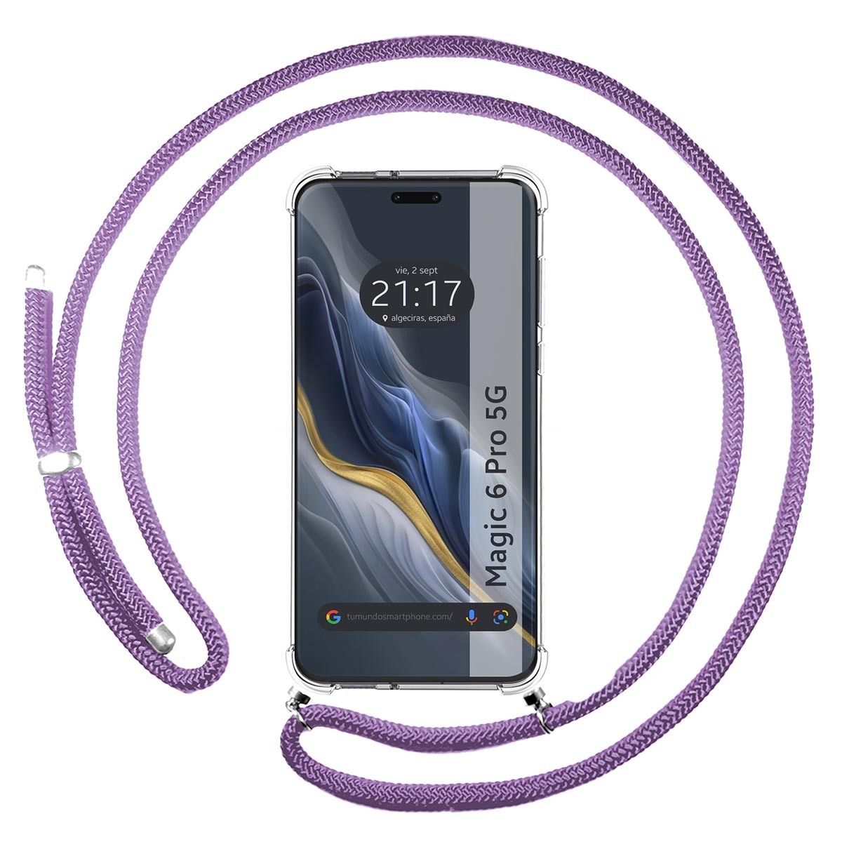 Funda Colgante Transparente para Huawei Honor Magic 6 Pro 5G con Cordon Morado