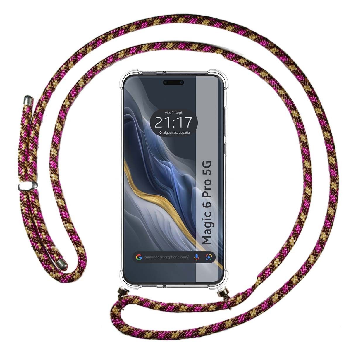 Funda Colgante Transparente para Huawei Honor Magic 6 Pro 5G con Cordon Rosa / Dorado