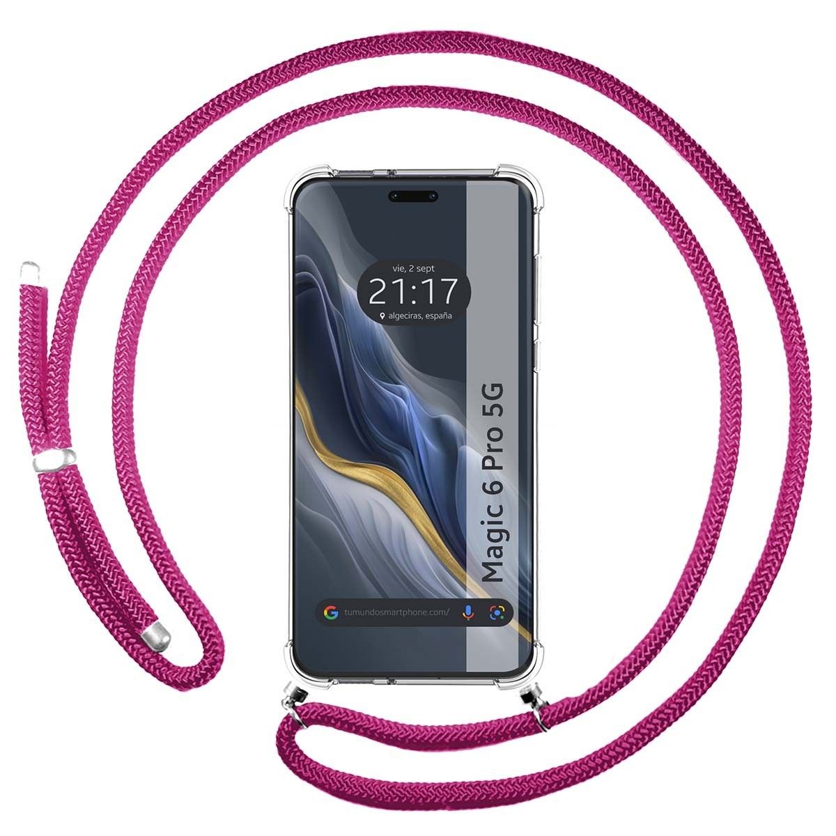 Funda Colgante Transparente para Huawei Honor Magic 6 Pro 5G con Cordon Rosa Fucsia