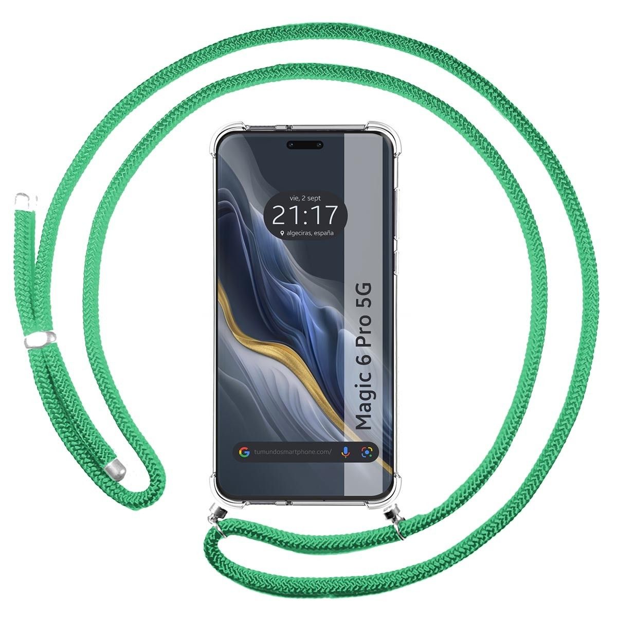 Funda Colgante Transparente para Huawei Honor Magic 6 Pro 5G con Cordon Verde Agua