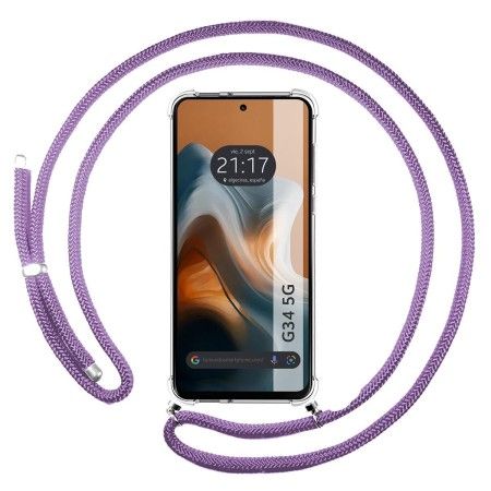 Funda Colgante Transparente para Motorola Moto G34 5G con Cordon Morado