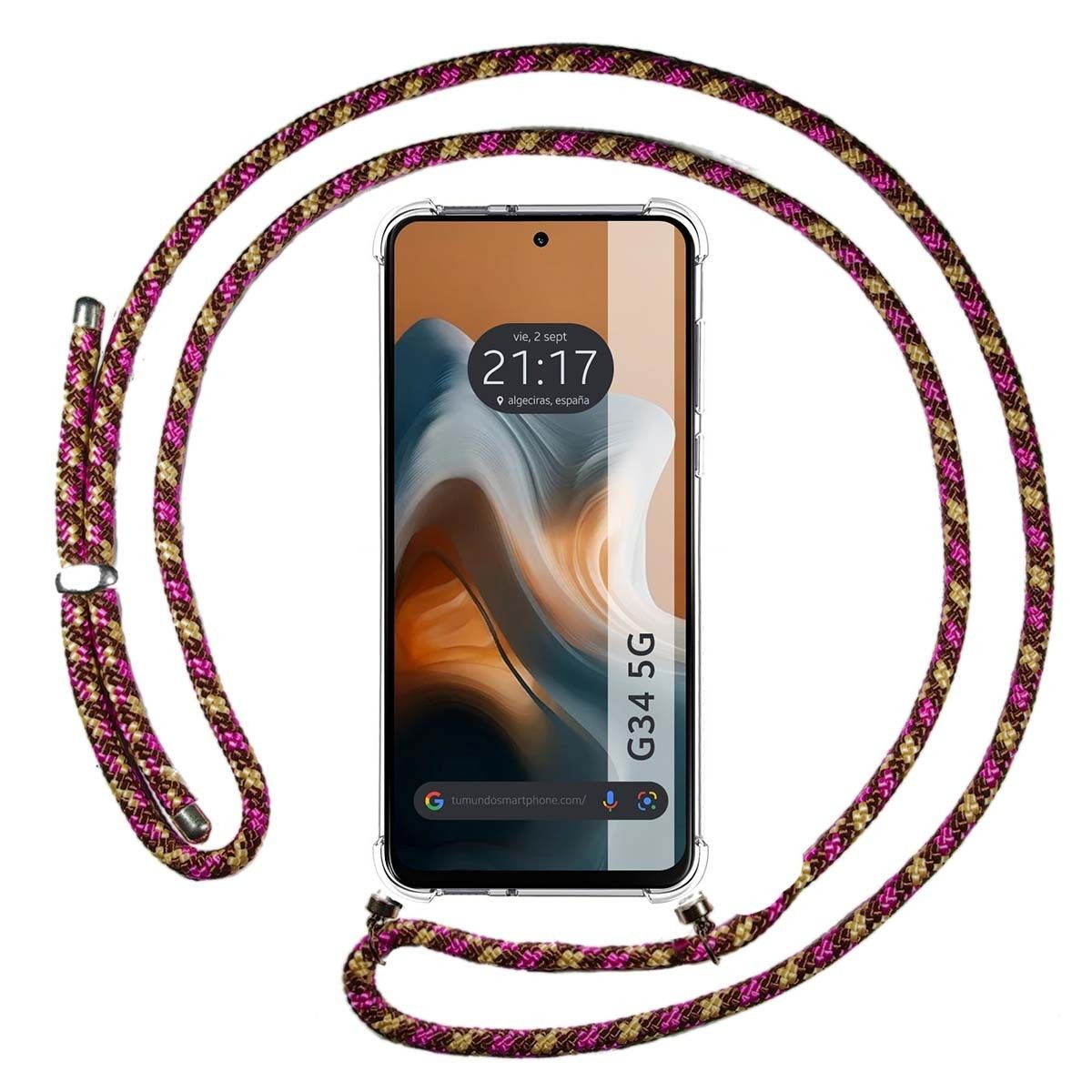 Funda Colgante Transparente para Motorola Moto G34 5G con Cordon Rosa / Dorado