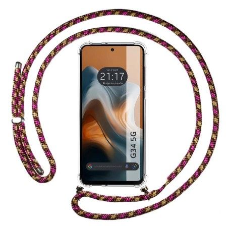 Funda Colgante Transparente para Motorola Moto G34 5G con Cordon Rosa / Dorado