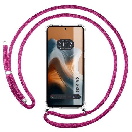 Funda Colgante Transparente para Motorola Moto G34 5G con Cordon Rosa Fucsia