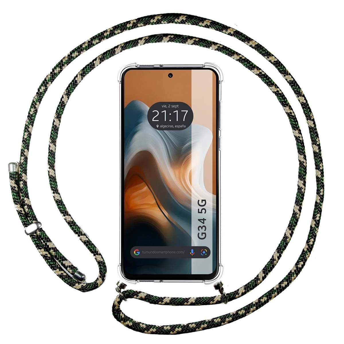 Funda Colgante Transparente para Motorola Moto G34 5G con Cordon Verde / Dorado