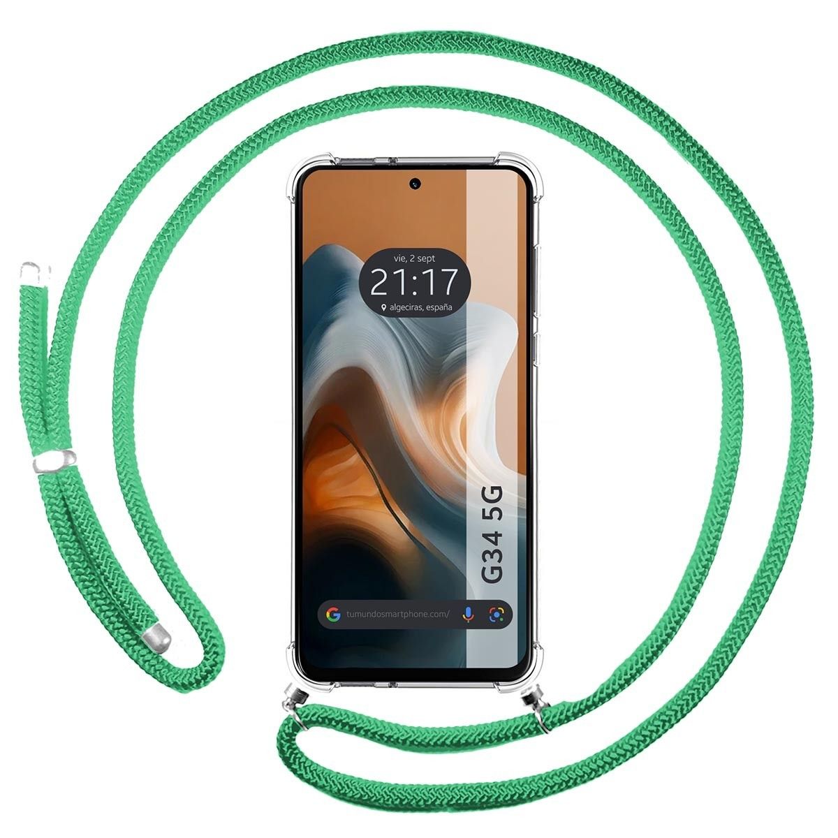 Funda Colgante Transparente para Motorola Moto G34 5G con Cordon Verde Agua