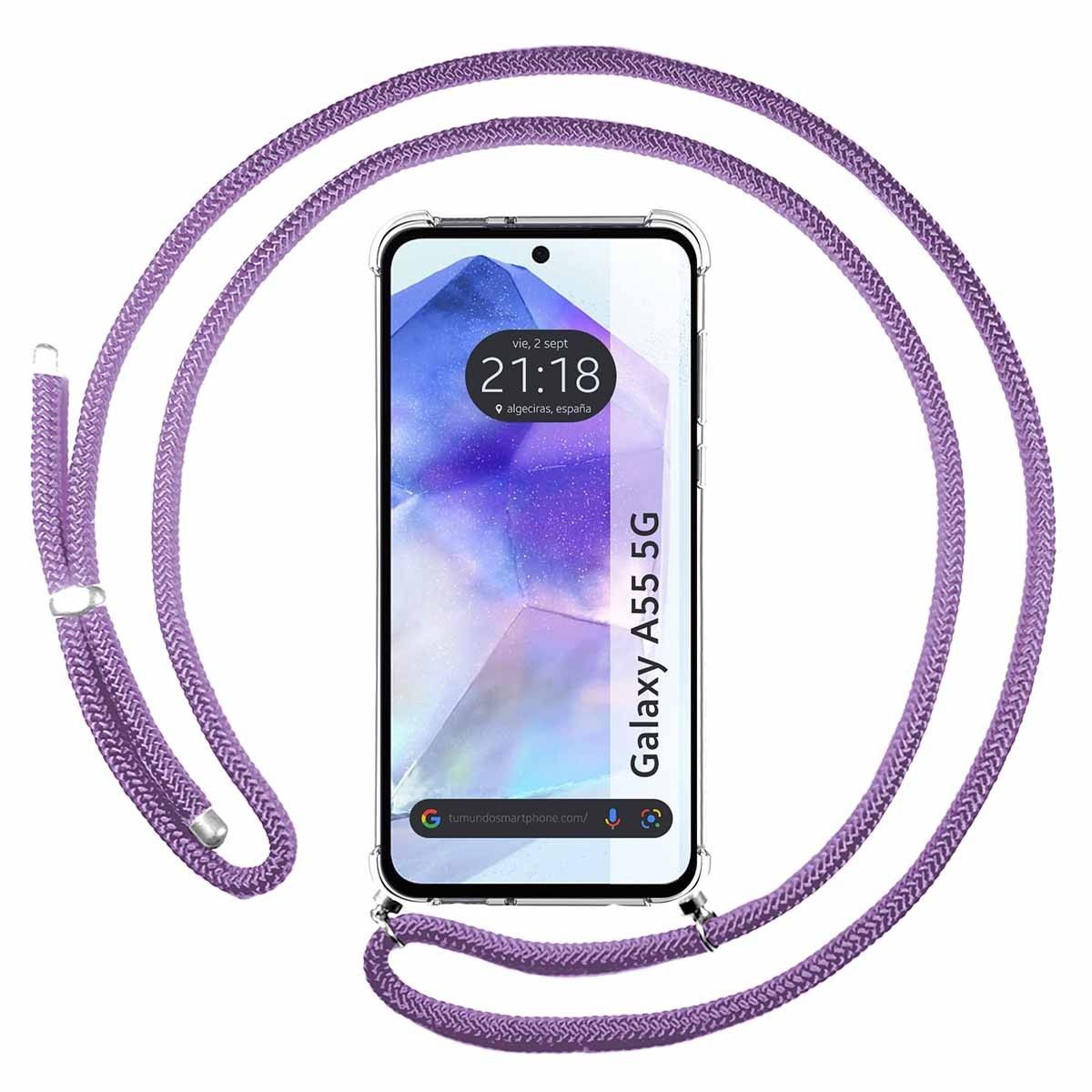 Funda Colgante Transparente para Samsung Galaxy A55 5G con Cordon Morado
