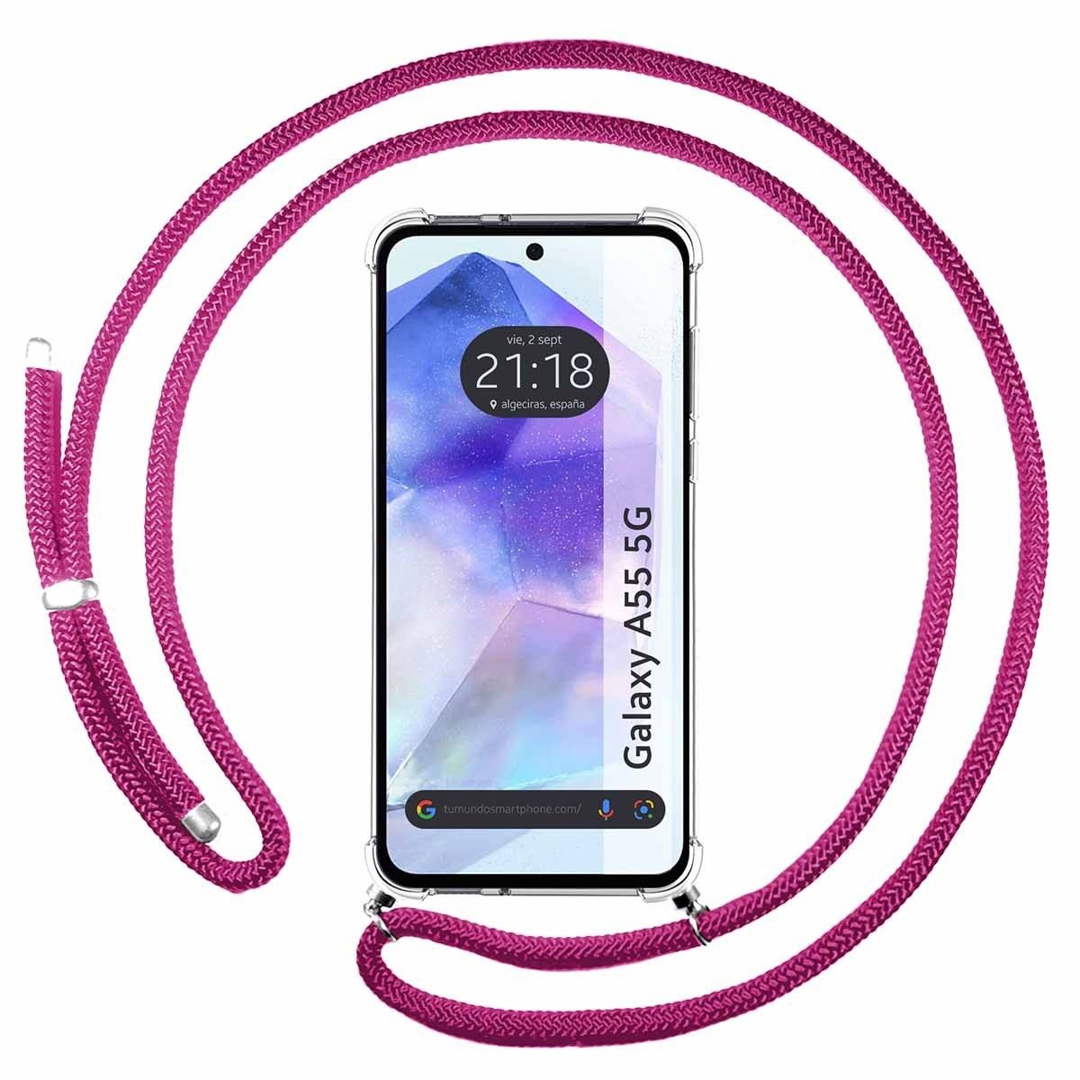Funda Colgante Transparente para Samsung Galaxy A55 5G con Cordon Rosa Fucsia