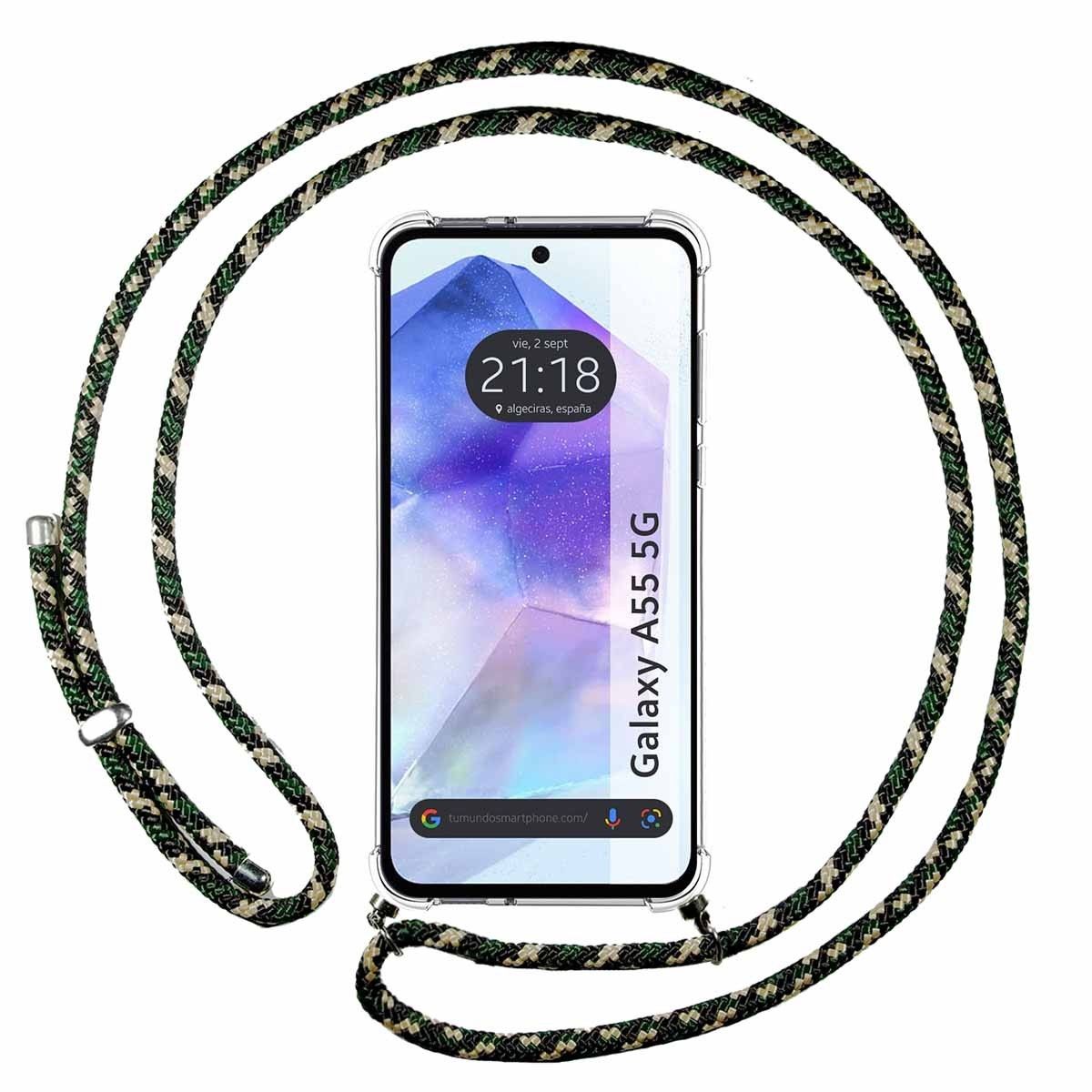 Funda Colgante Transparente para Samsung Galaxy A55 5G con Cordon Verde / Dorado