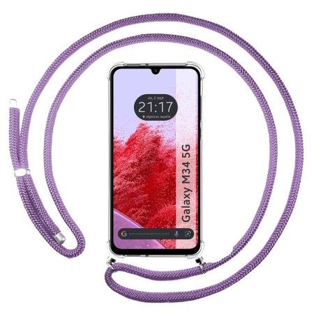 Funda Colgante Transparente para Samsung Galaxy M34 5G con Cordon Morado