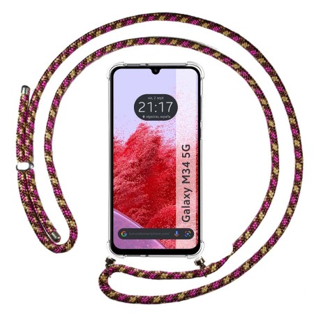 Funda Colgante Transparente para Samsung Galaxy M34 5G con Cordon Rosa / Dorado