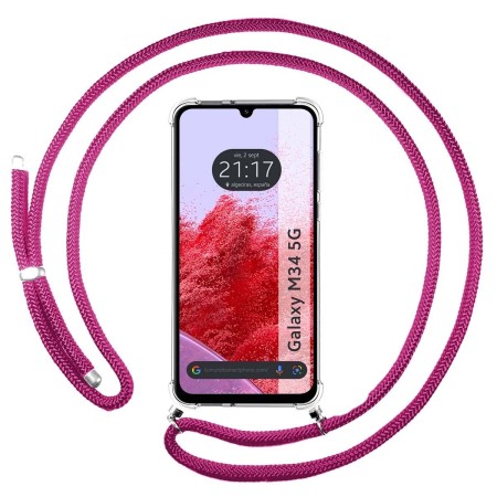 Funda Colgante Transparente para Samsung Galaxy M34 5G con Cordon Rosa Fucsia