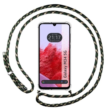Funda Colgante Transparente para Samsung Galaxy M34 5G con Cordon Verde / Dorado
