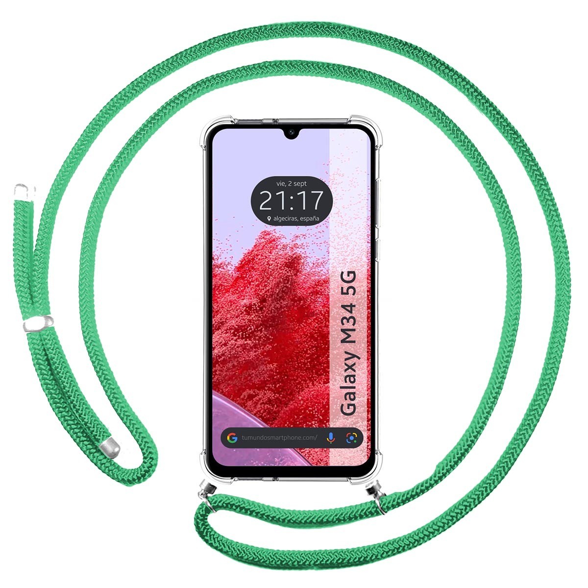 Funda Colgante Transparente para Samsung Galaxy M34 5G con Cordon Verde Agua