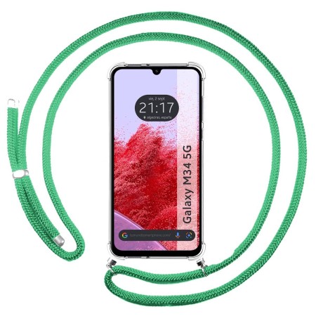 Funda Colgante Transparente para Samsung Galaxy M34 5G con Cordon Verde Agua