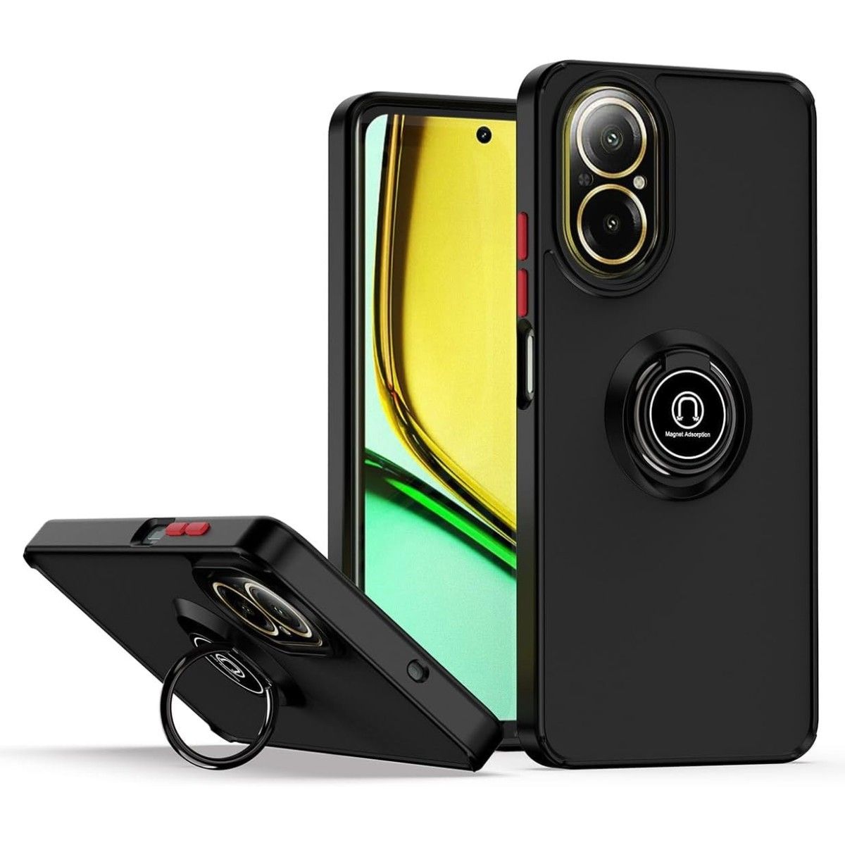 Funda Mate con Borde Negro y Anillo Giratorio 360 para Realme C67 4G