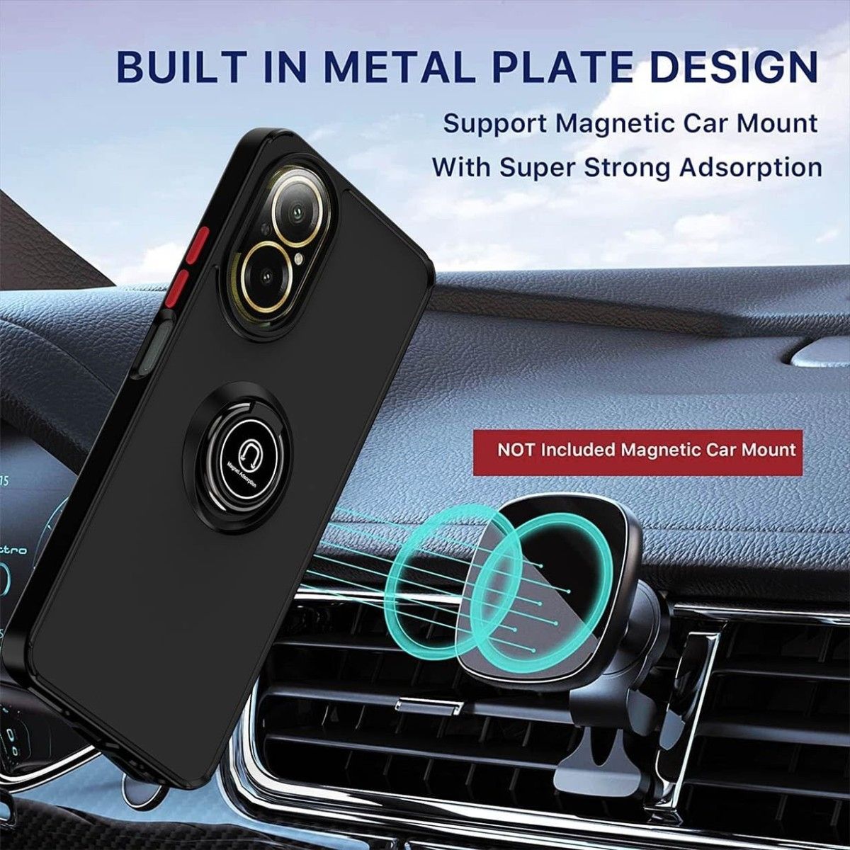 Funda Mate con Borde Negro y Anillo Giratorio 360 para Realme C67 4G