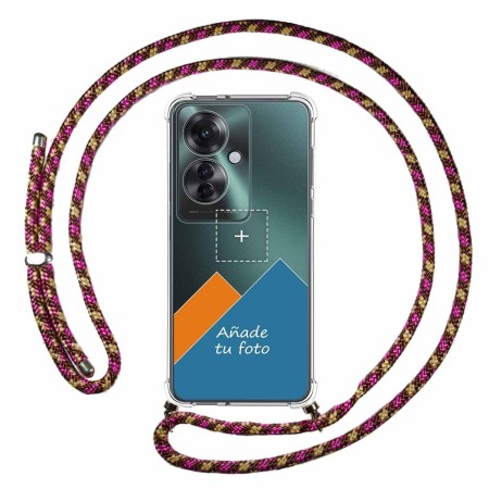 Personaliza tu Funda Colgante Transparente para Oppo Reno 11F 5G con Cordon Rosa / Dorado Dibujo Personalizada