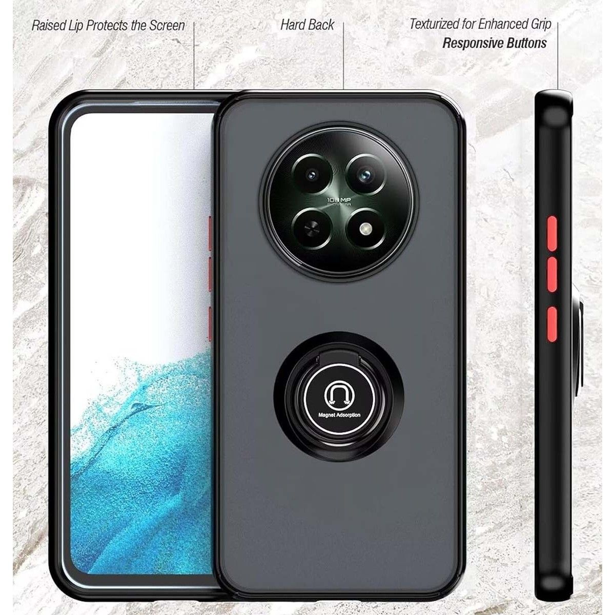 Funda Mate con Borde Negro y Anillo Giratorio 360 para Realme 12 5G / 12x 5G