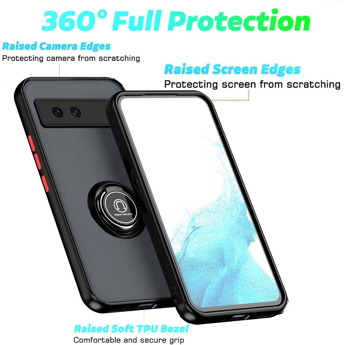 Funda Mate con Borde Negro y Anillo Giratorio 360 para Google Pixel 8a 5G