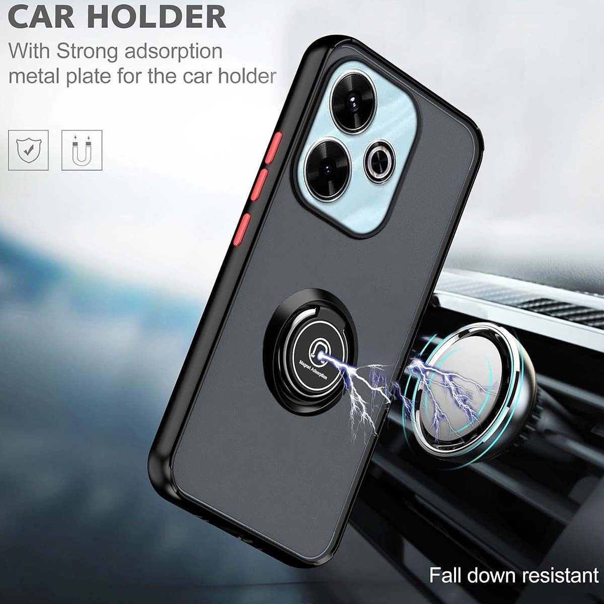 Funda Mate con Borde Negro y Anillo Giratorio 360 para Xiaomi Redmi 13 4G