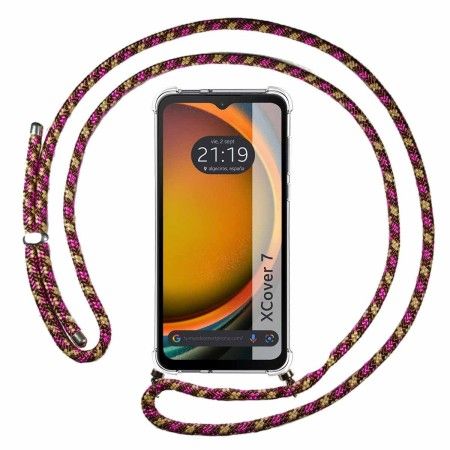 Funda Colgante Transparente para Samsung Galaxy Xcover 7 5G con Cordon Rosa / Dorado