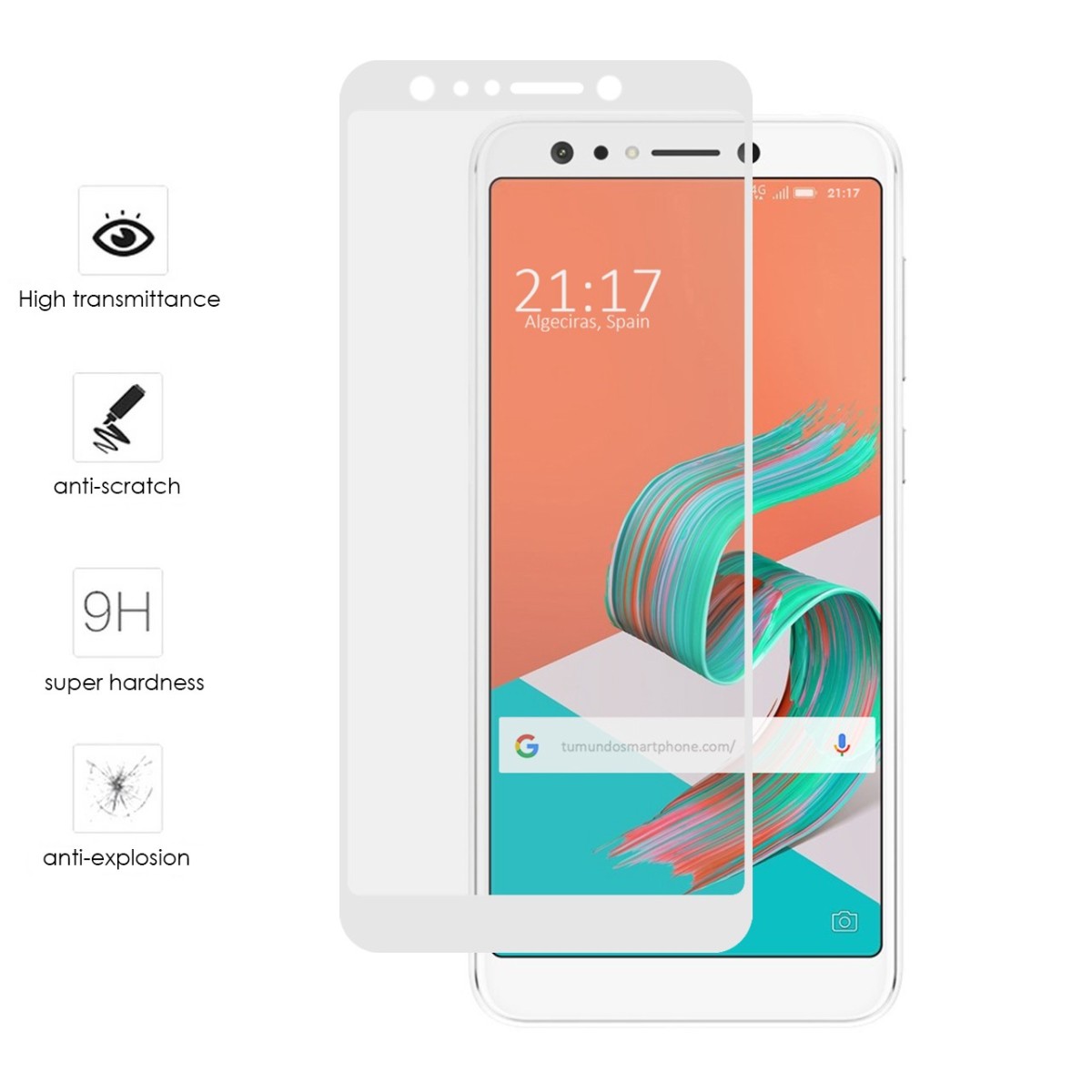 Protector Cristal Templado Frontal Completo Blanco para Asus Zenfone 5 Lite Zc600Kl Vidrio
