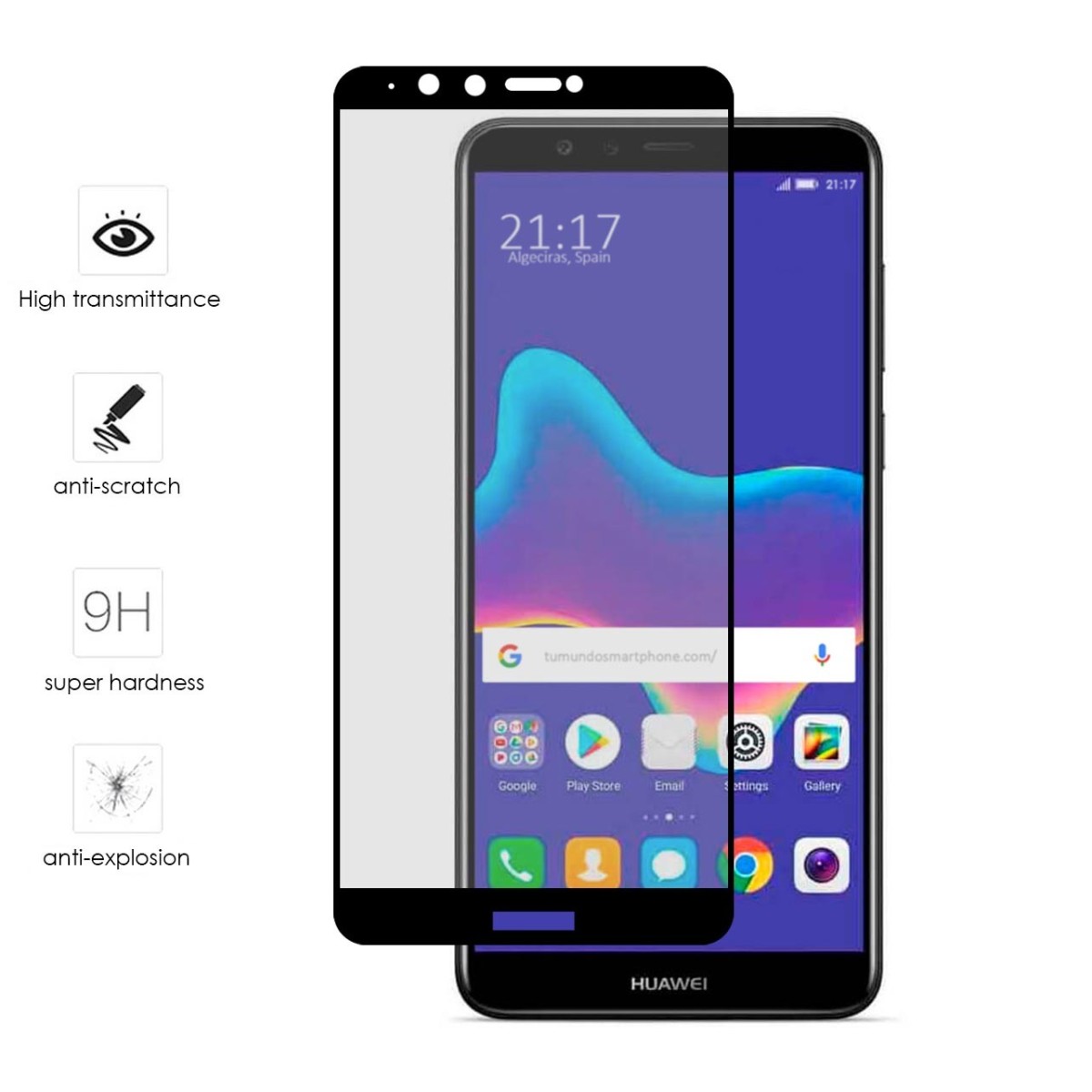 Protector Cristal Templado Frontal Completo Negro para Huawei Y9 2018 Vidrio