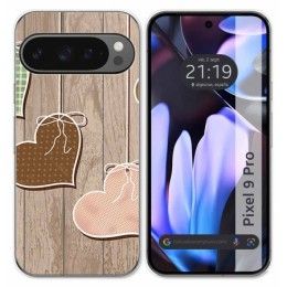 Funda Silicona para Google Pixel 9 Pro 5G diseño Corazones Madera Dibujos