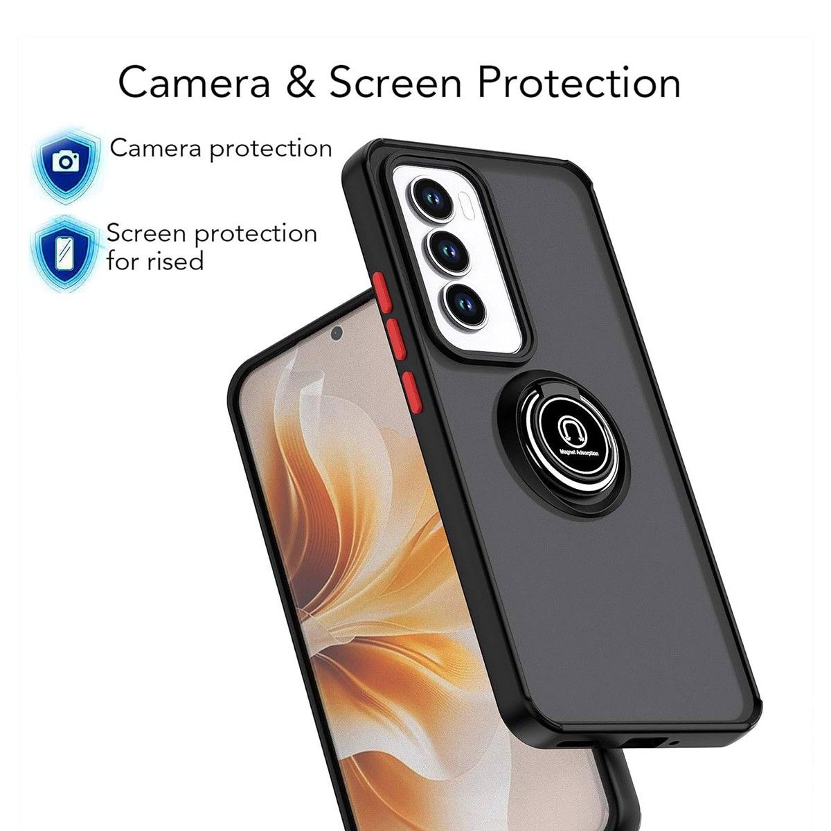 Funda Mate con Borde Negro y Anillo Giratorio 360 para Oppo Reno 12 Pro 5G