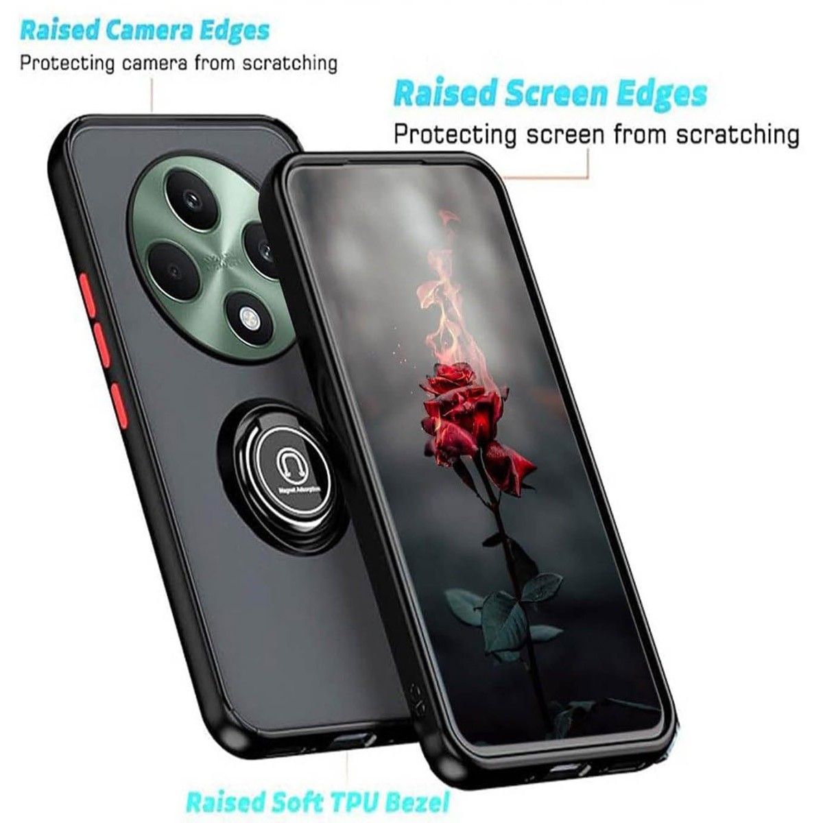 Funda Mate con Borde Negro y Anillo Giratorio 360 para Oppo Reno 12F 4G / 12 F 5G