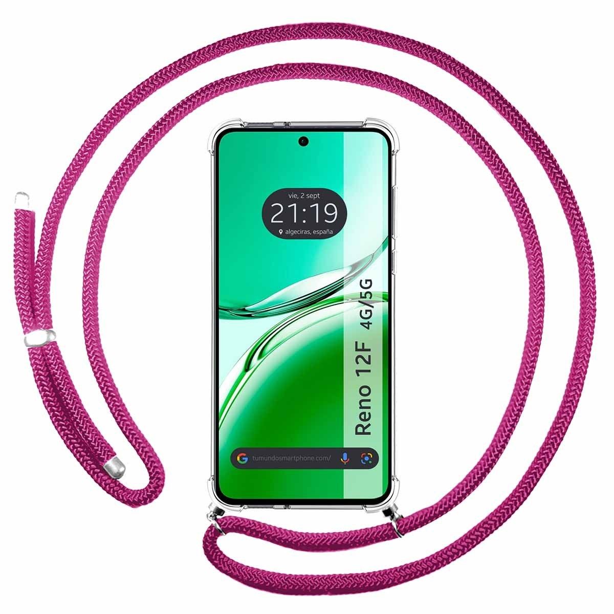 Funda Colgante Transparente para Oppo Reno 12F 4G / 12 F 5G con Cordon Rosa Fucsia