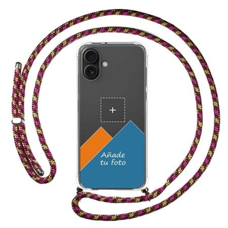 Personaliza tu Funda Colgante Transparente para Iphone 16 Plus (6.7) con Cordon Rosa / Dorado Dibujo Personalizada